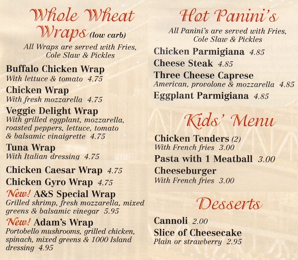 A & S Pizza and Restaurant in Old Bridge Menu